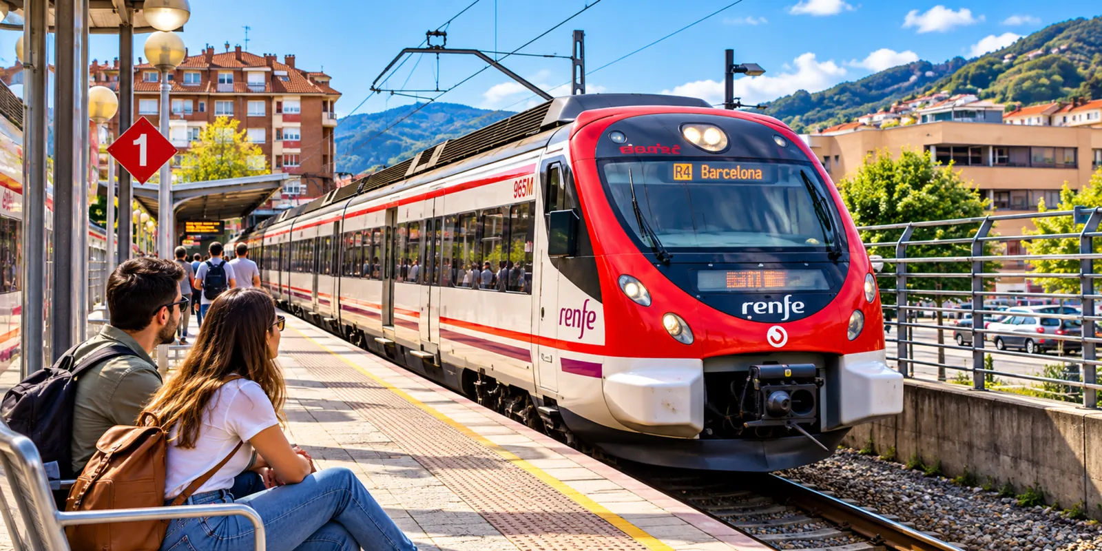 Tren regional de Renfe en un andén con viajeros esperando y montañas al fondo