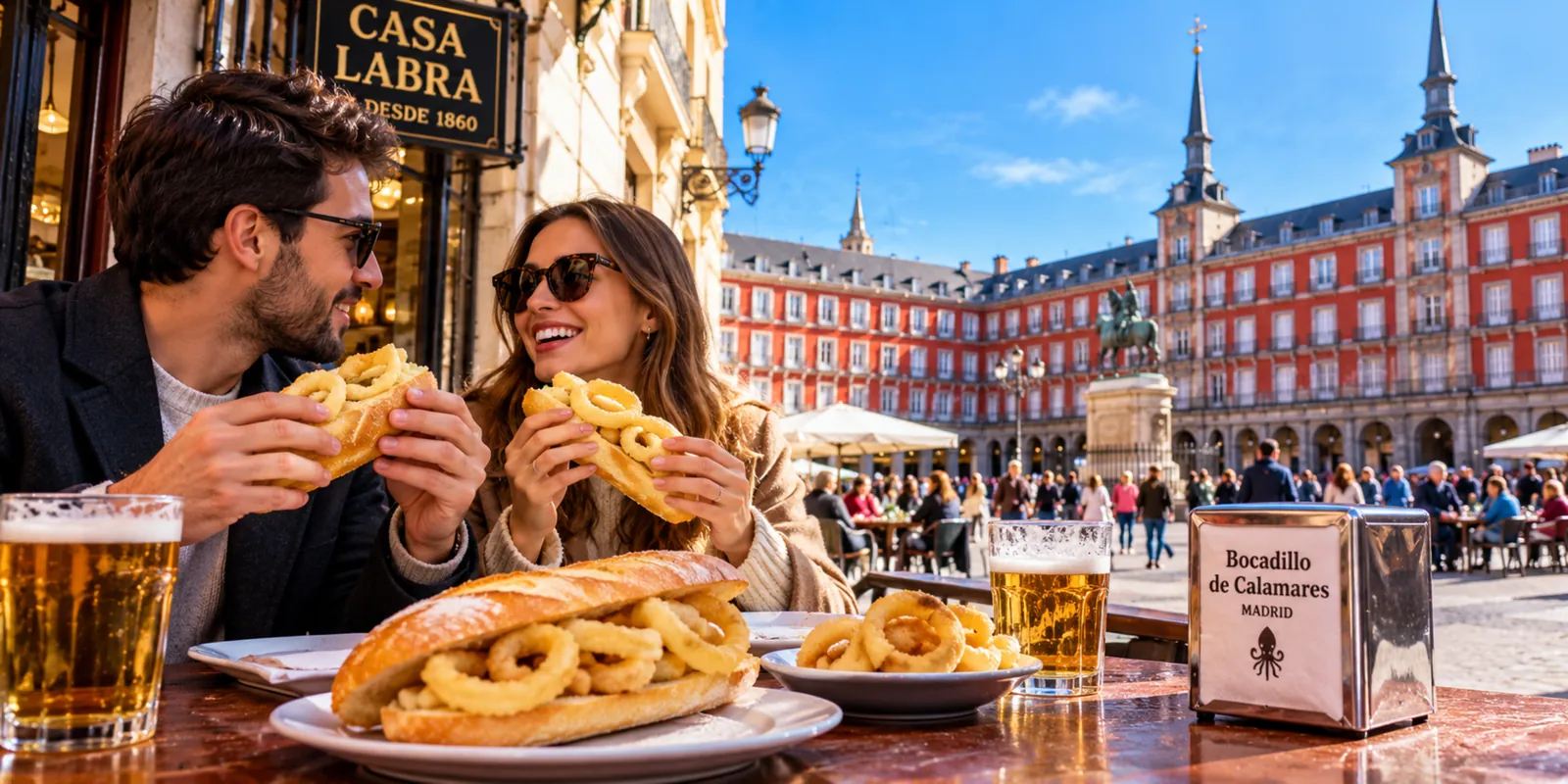 Pareja comiendo bocadillos de calamares con cañas en una terraza junto a la Plaza Mayor de Madrid