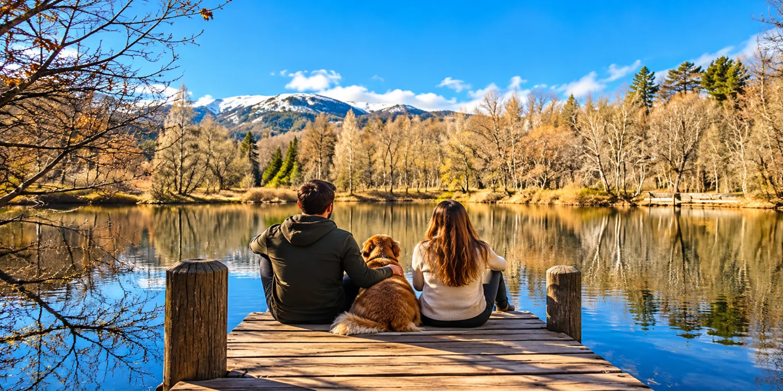 Pareja con un perro en un embarcadero de madera sobre una laguna rodeada de pinos, con la sierra nevada al fondo