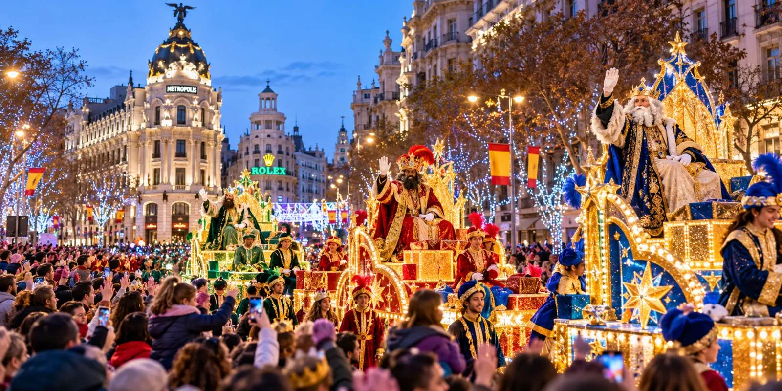 Carrozas iluminadas de la Cabalgata de Reyes con el público en una avenida de Madrid de noche