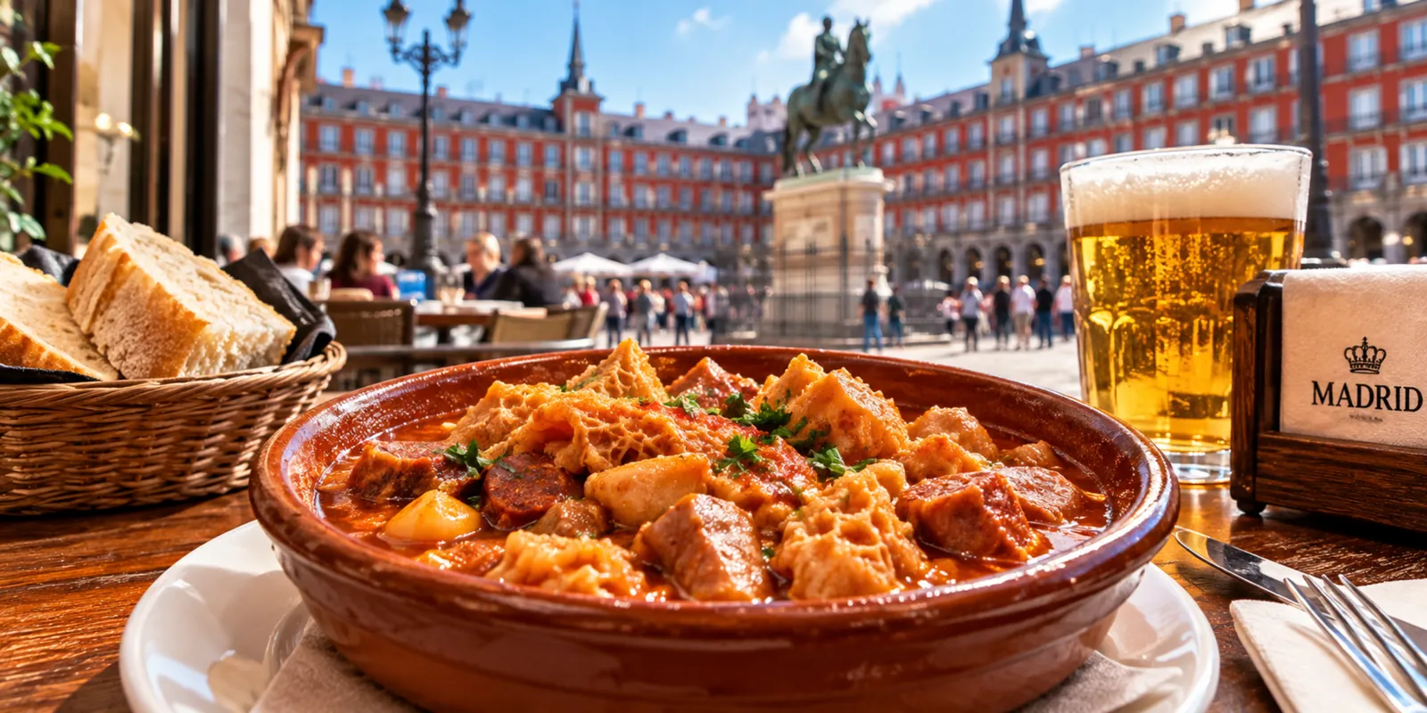 Cazuela de barro con callos a la madrileña y una caña en una terraza de la Plaza Mayor de Madrid